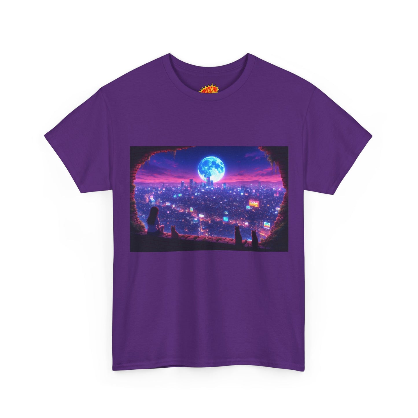 Neon Anime Cityscape Full Moon Scene w/Girl & Cats T-Shirt *Multiple Colors*