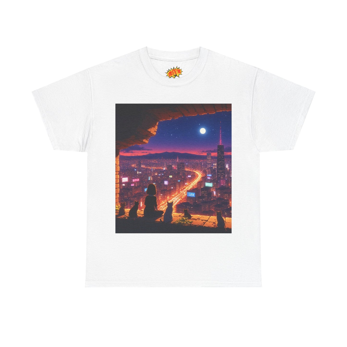 Anime Neon Cityscape Full Moon Scene w/Girl & Cats T-Shirt *Multiple Colors*