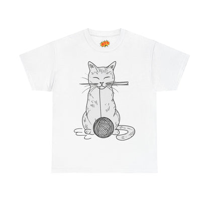 White Cat w/Yarn Ball Art Drawing Tee Shirt