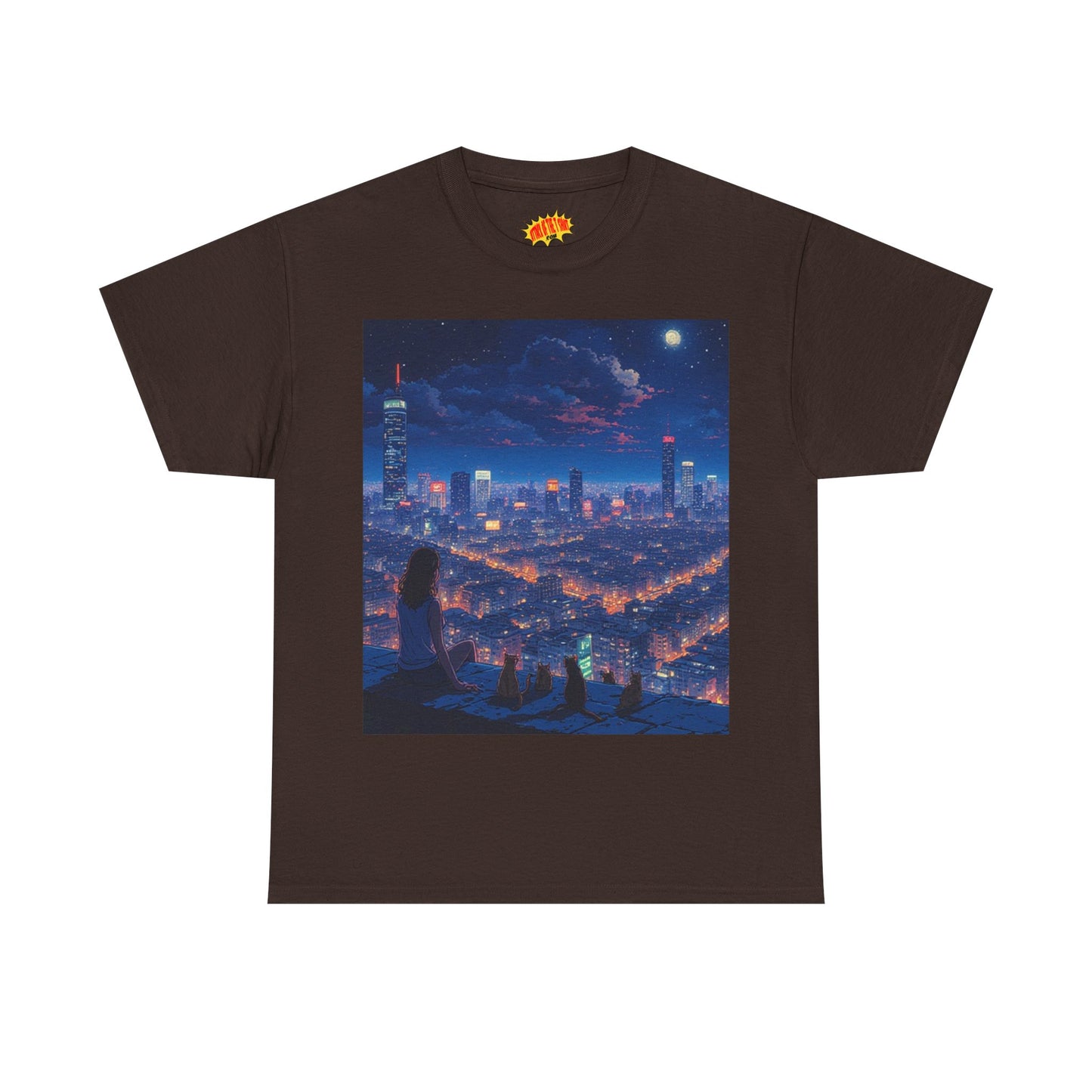 Neon Anime Cityscape Scene w/Girl & Cats T-Shirt *Multiple Colors*