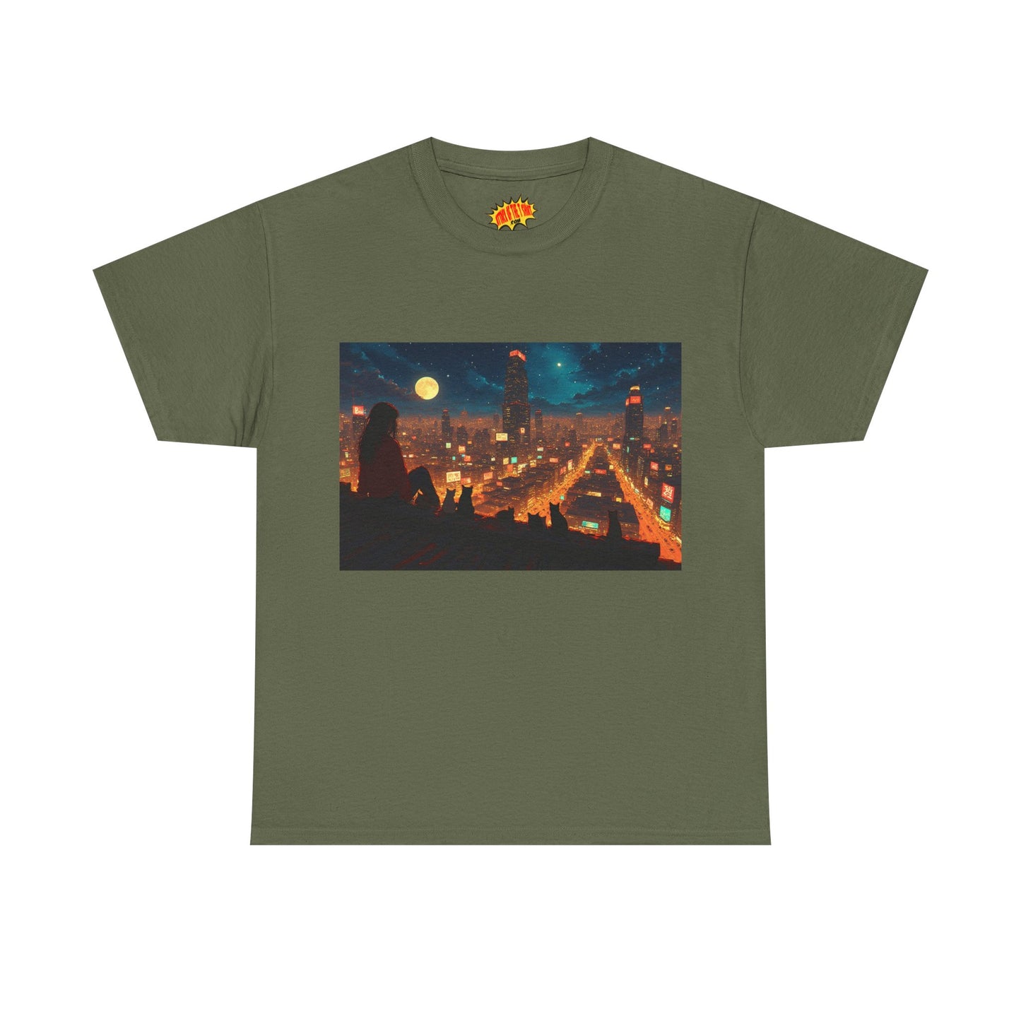 Anime Style Neon City Scene w/Girl & Cats T-Shirt *Multiple Colors*