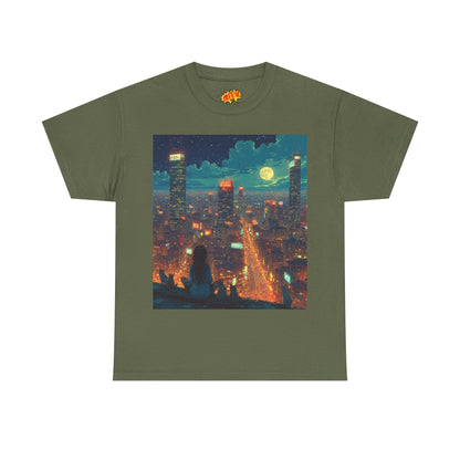 Nighttime Neon Anime Cityscape w/Girl & Cats T-Shirt