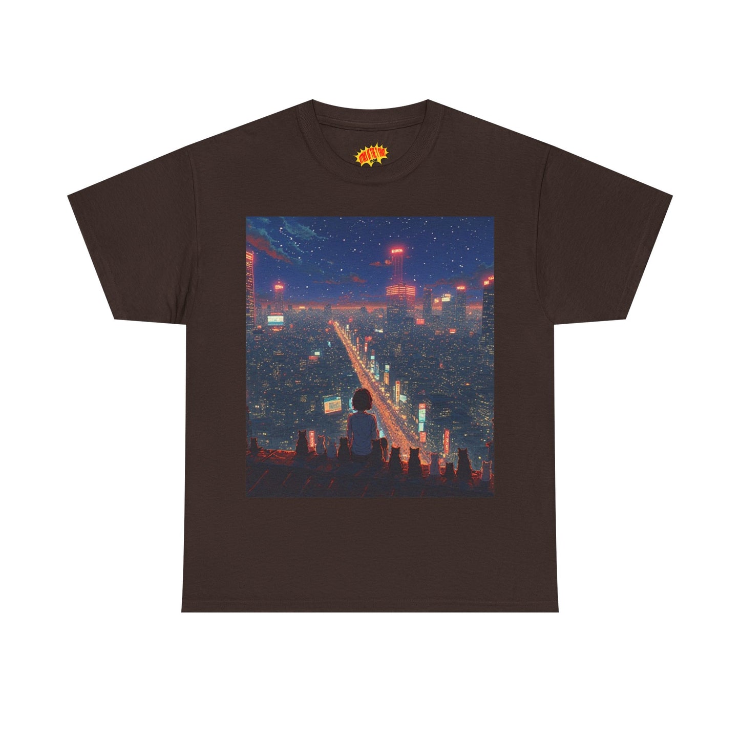Nighttime Neon Anime City Scene w/Girl & Cats T-Shirt *Multiple Colors*