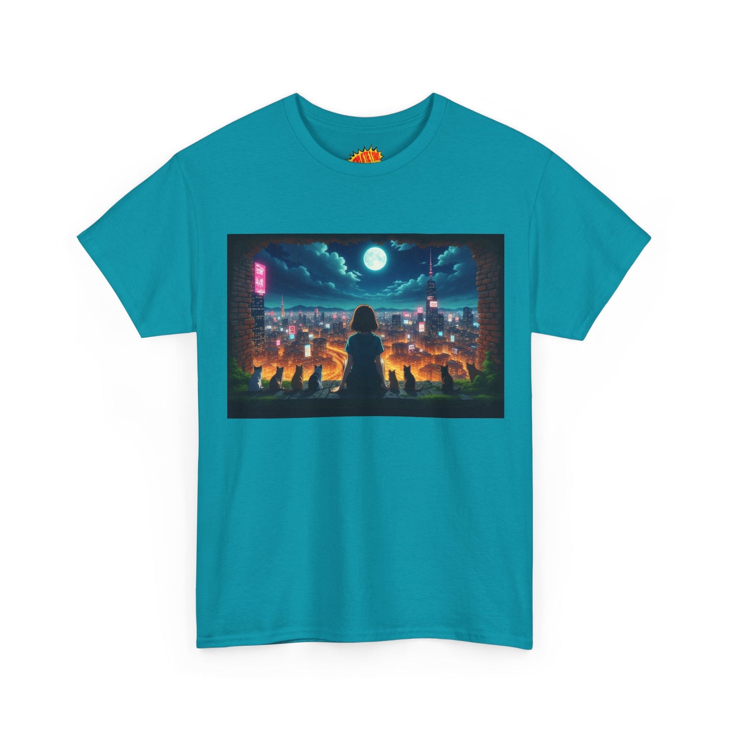 Anime Neon City Night Scene w/Girl & Cats T-Shirt *Multiple Colors*