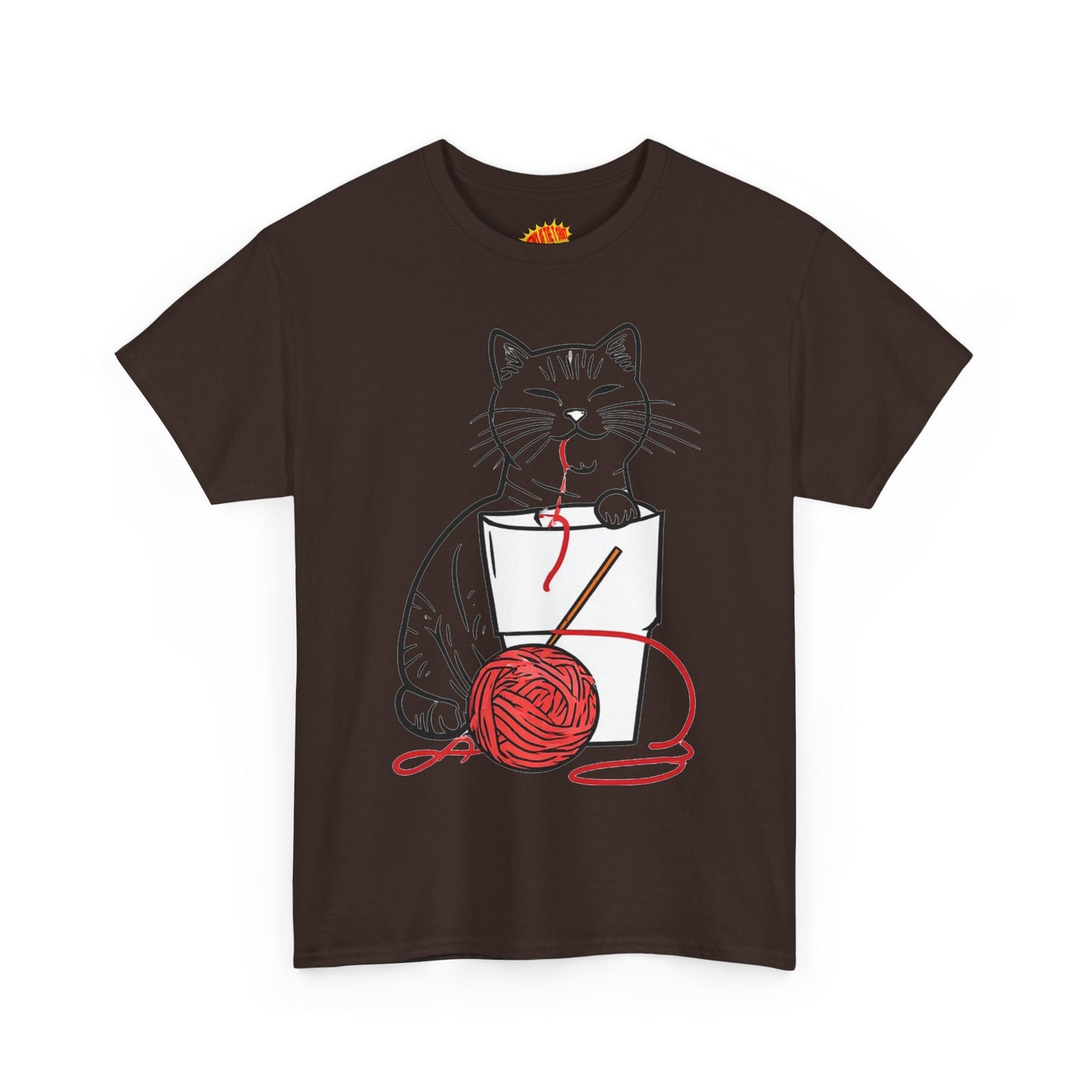 Cat w/Noodle Cup + Yarn Ball Art Drawing Tee Shirt *Multiple Colors*