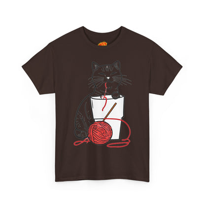 Cat w/Noodle Cup + Yarn Ball Art Drawing Tee Shirt