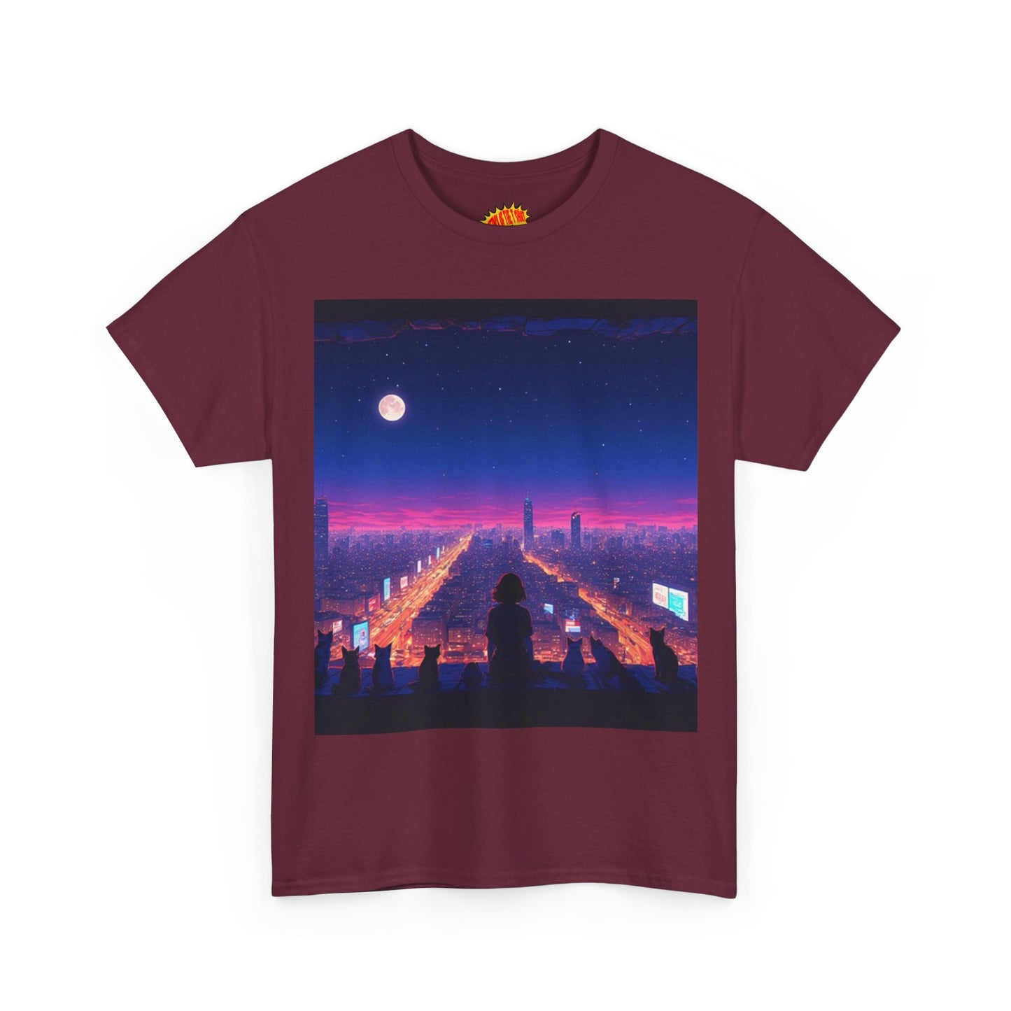 Anime City Full Moon Scene w/Girl & Cats T-Shirt *Multiple Colors*