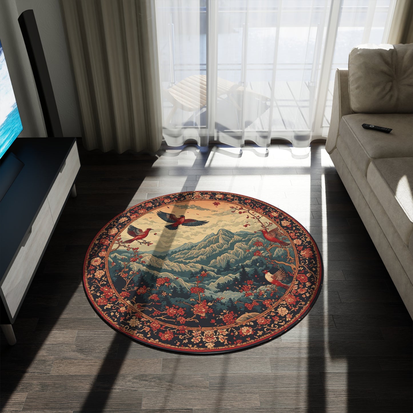 Oriental Style Rug w/Birds + Flowers - 60in Diameter Round Carpet 5