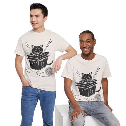 Black Cat w/Box + Yarn Ball Art Drawing Tee Shirt