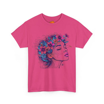 Multicolor Line Drawing Human Flower Graphic Art Tee Shirt