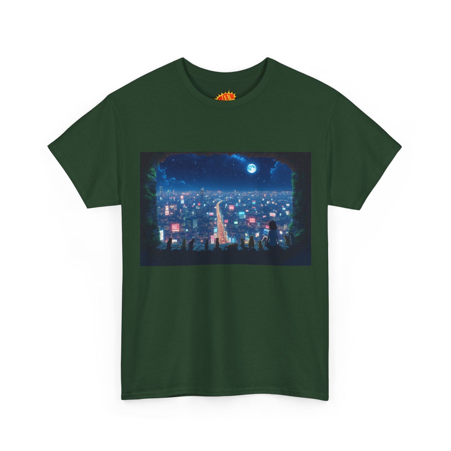 Anime City Neon Night Scene w/Girl & Cats T-Shirt *Multiple Colors*
