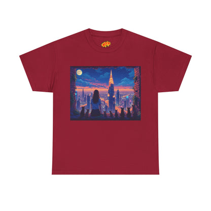 Anime Neon City Full Moon Scene w/Girl & Cats T-Shirt