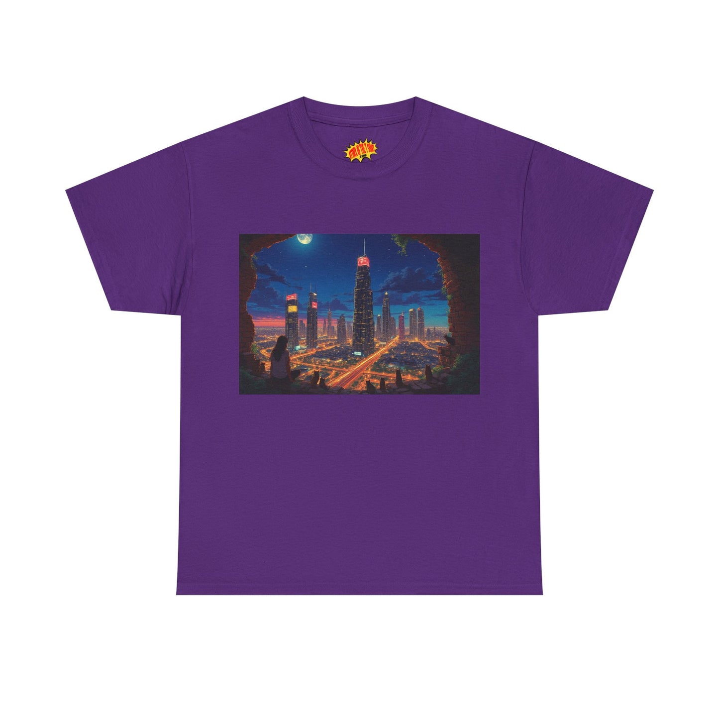 Anime Cityscape Night Scene w/Girl & Cats T-Shirt *Multiple Colors*