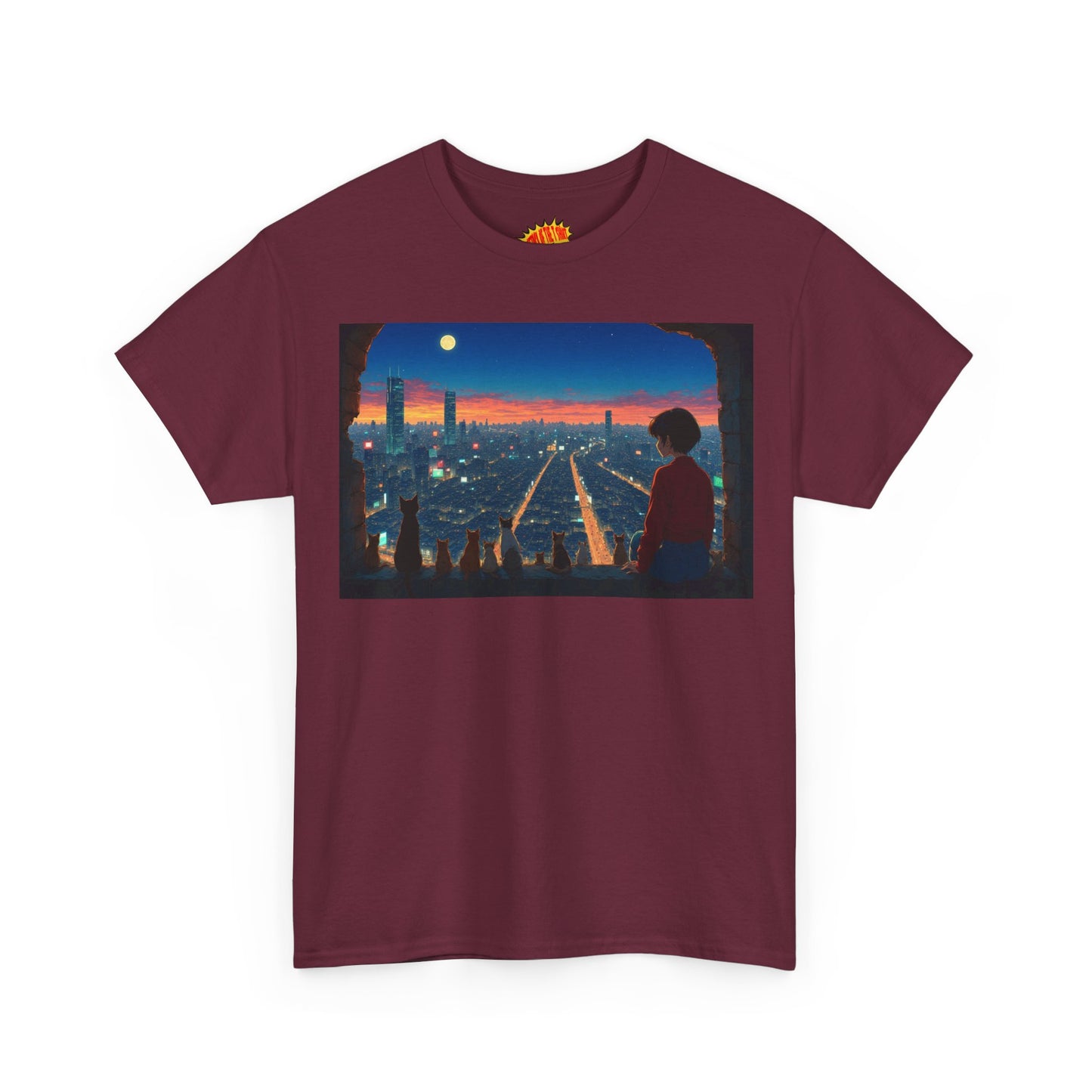 Neon Cityscape Anime Scene w/Girl & Cats T-Shirt *Multiple Colors*