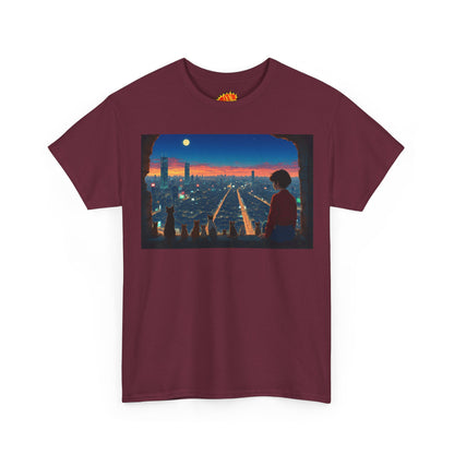 Neon Cityscape Anime Scene w/Girl & Cats T-Shirt