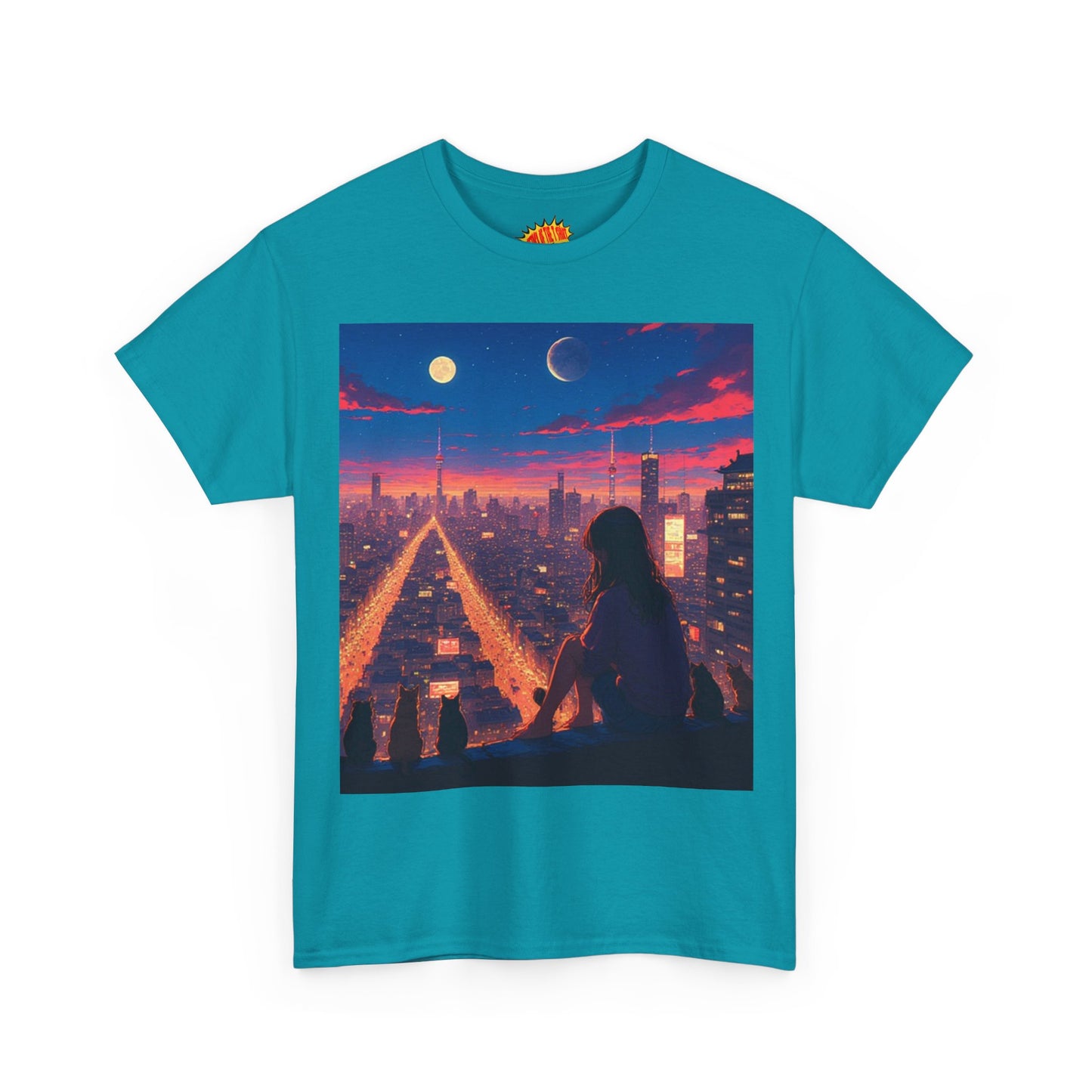 Anime City Twin Moon Scene w/Cats T-Shirt *Multiple Colors*