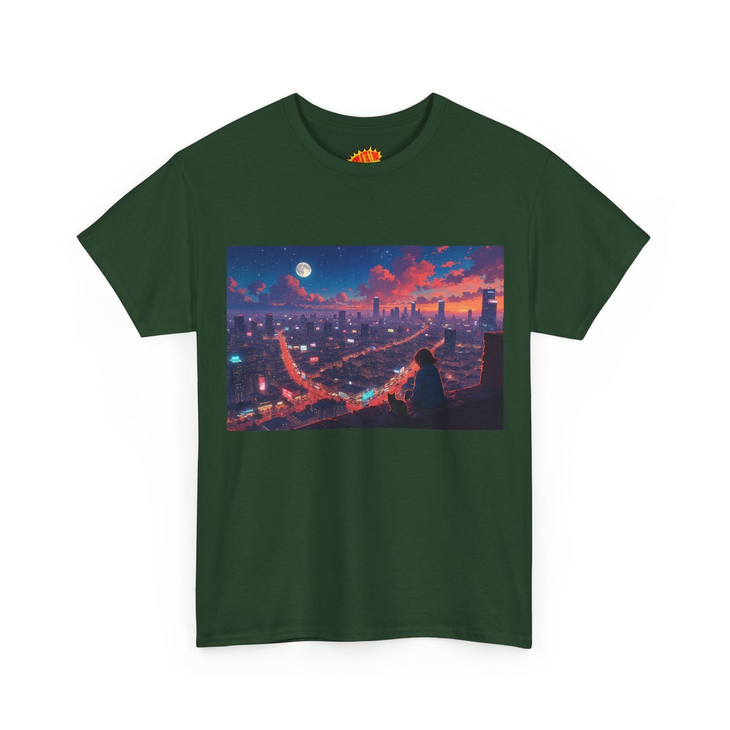 Anime City Neon Night Sky Scene w/Girl & Cats T-Shirt *Multiple Colors*