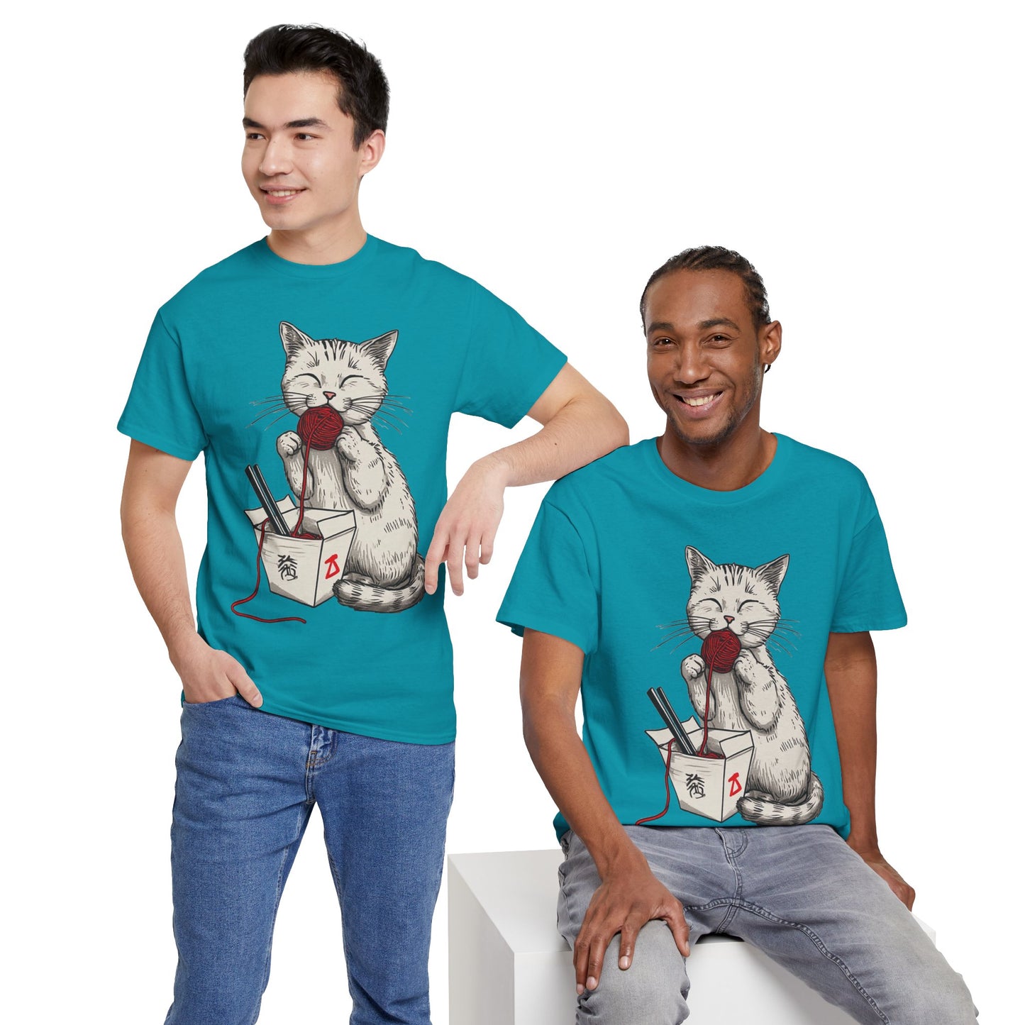 Cat w/Takeout Yarn Noodles Art Tee Shirt *Multiple Colors*