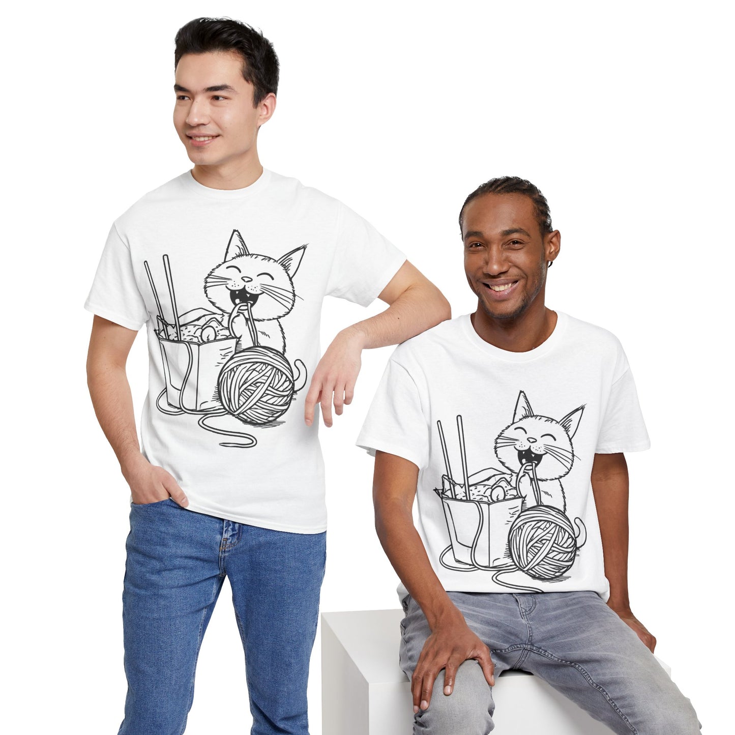 Happy Cat w/Noodles + Yarn Art Tee Shirt *Multiple Colors*