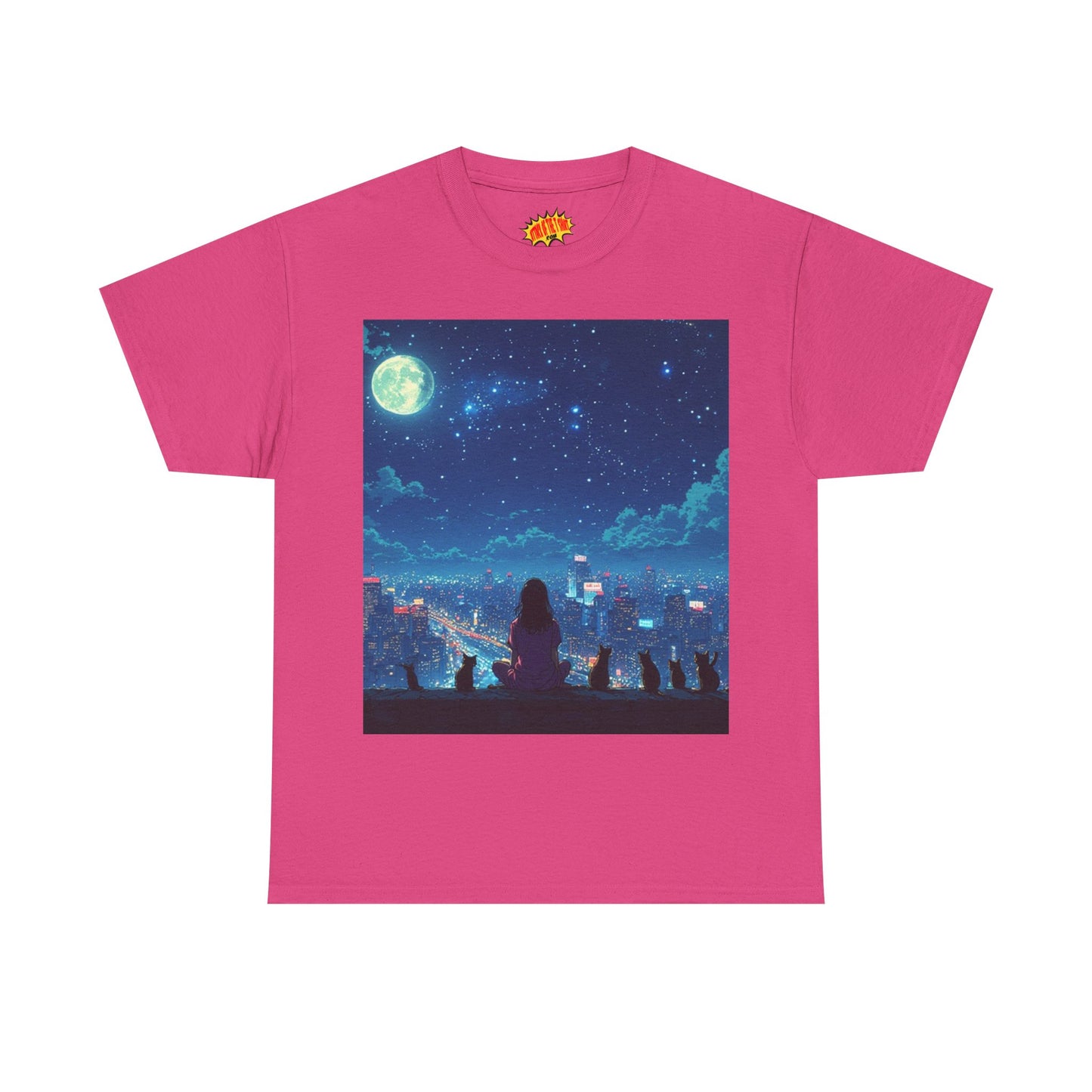 Anime Full Moon City Scene w/Girl & Cats T-Shirt *Multiple Colors*
