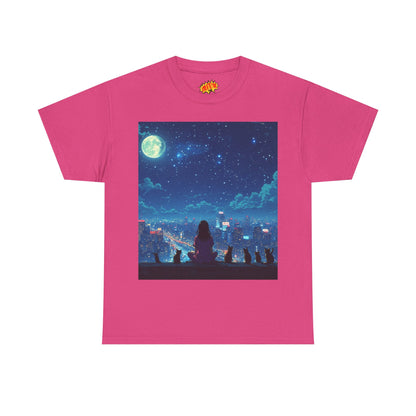 Anime Full Moon City Scene w/Girl & Cats T-Shirt
