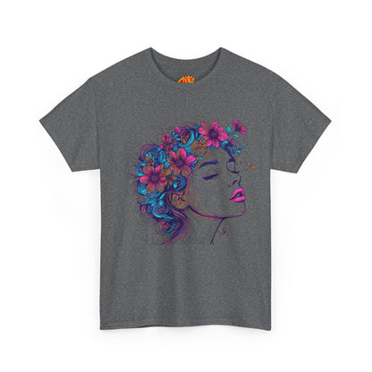 Multicolor Line Drawing Human Flower Graphic Art Tee Shirt
