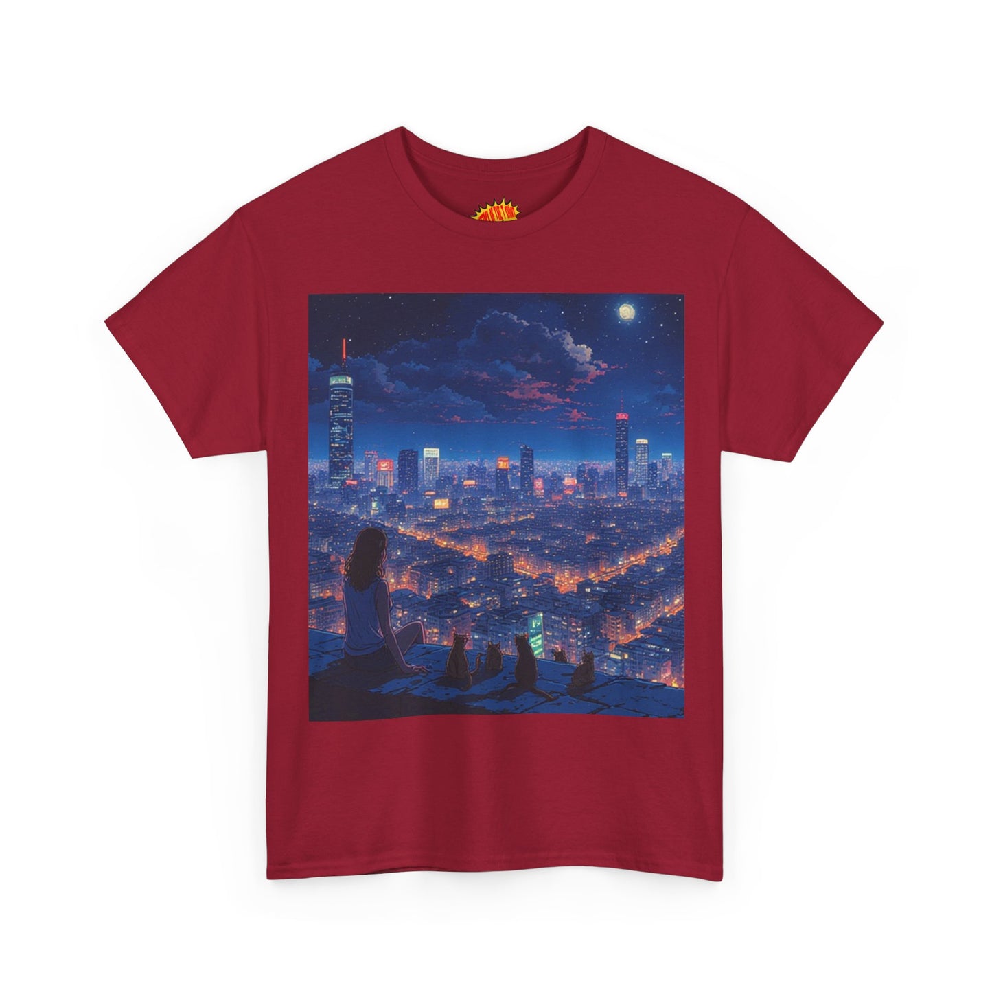 Neon Anime Cityscape Scene w/Girl & Cats T-Shirt *Multiple Colors*