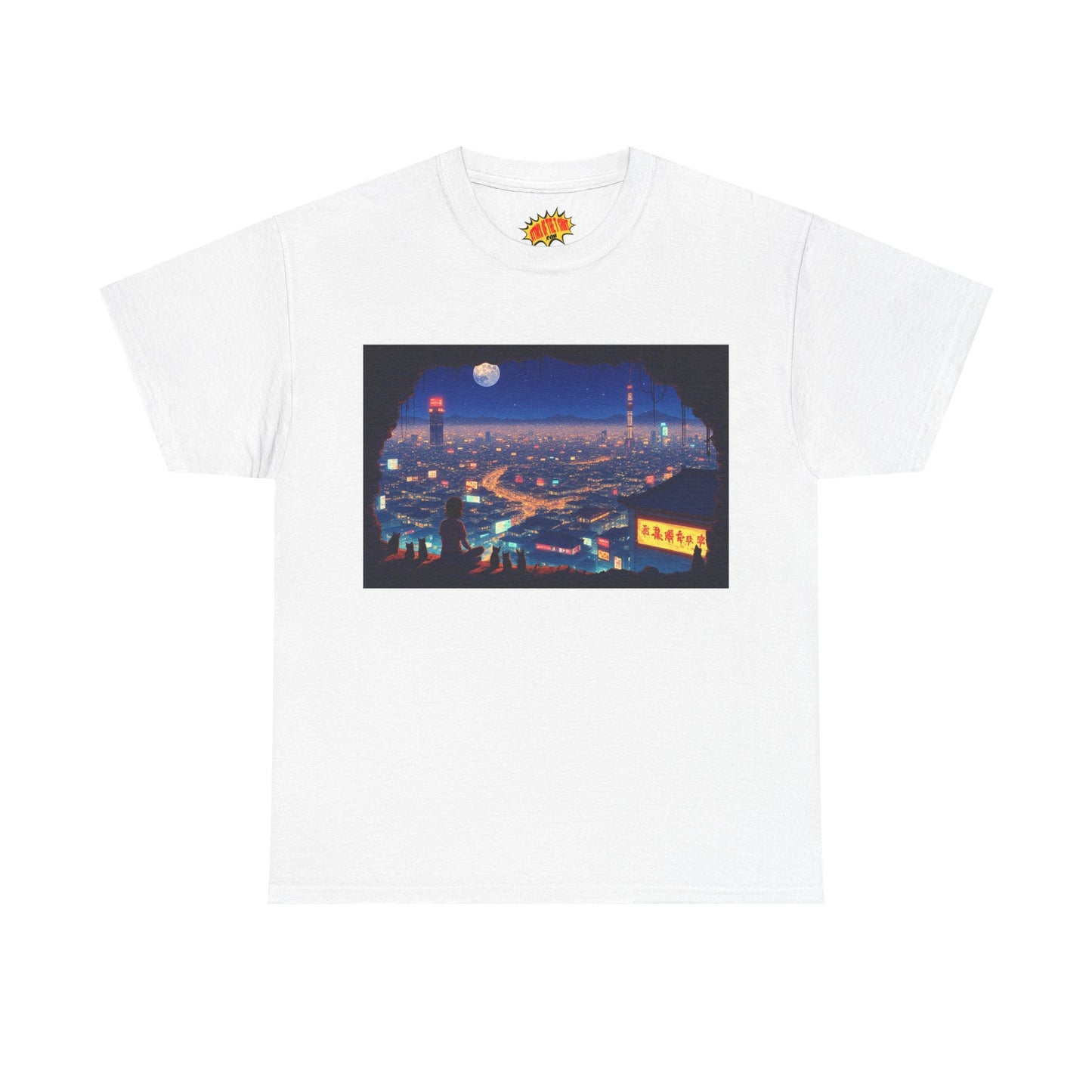 Anime Neon Cityscape Scene w/Girl & Cats T-Shirt *Multiple Colors*
