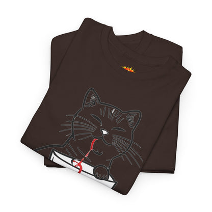 Cat w/Noodle Cup + Yarn Ball Art Drawing Tee Shirt