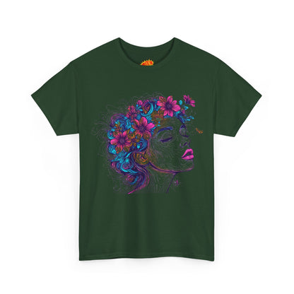 Multicolor Line Drawing Human Flower Graphic Art Tee Shirt