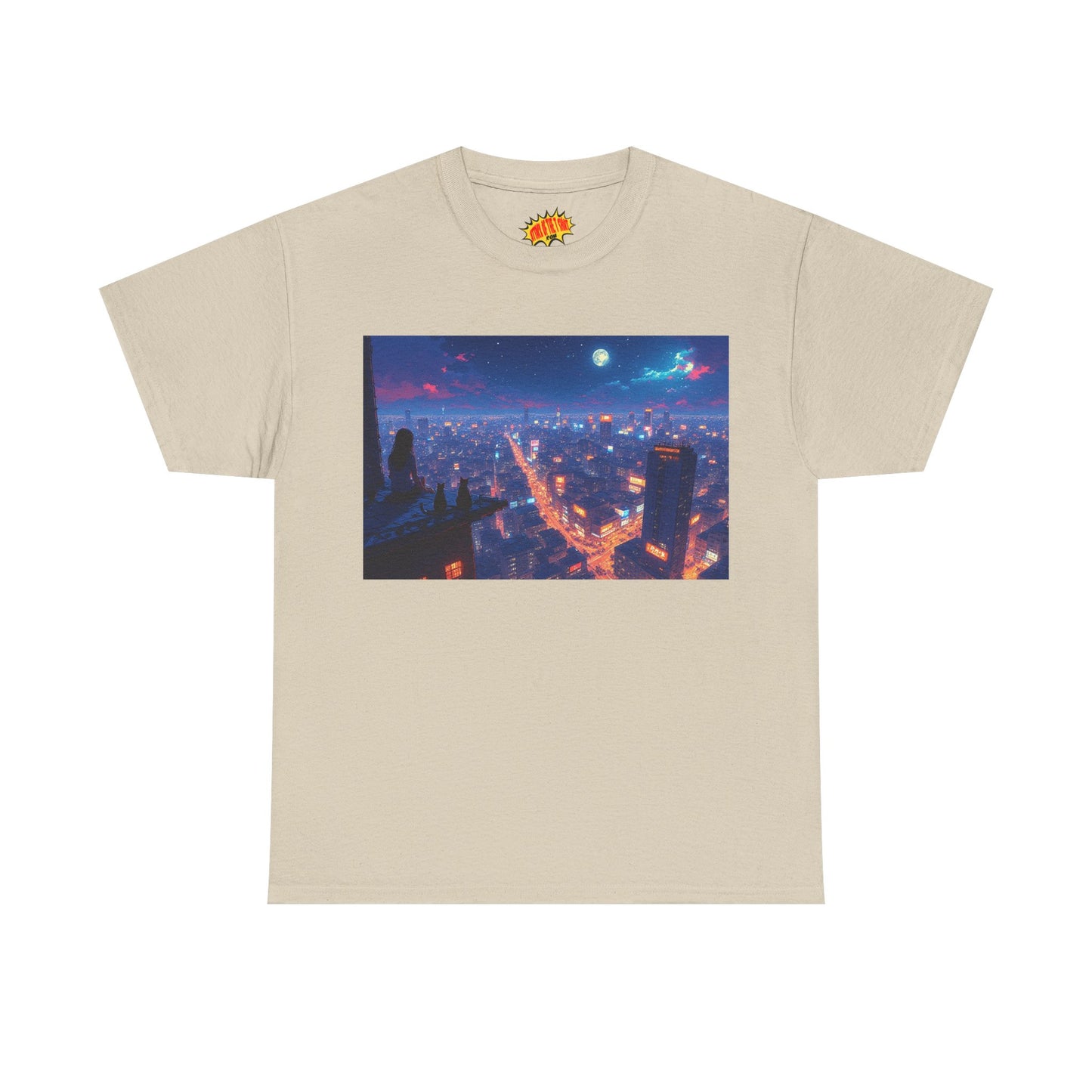 Nighttime Neon Anime Cityscape w/Cats T-Shirt *Multiple Colors*