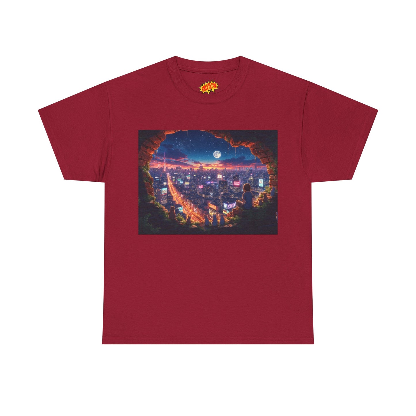 Anime Neon City Nighttime Scene w/Girl & Cats T-Shirt *Multiple Colors*
