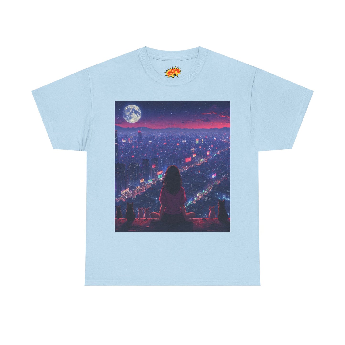 Anime City Neon Night Scene w/Girl & Cats T-Shirt *Multiple Colors*