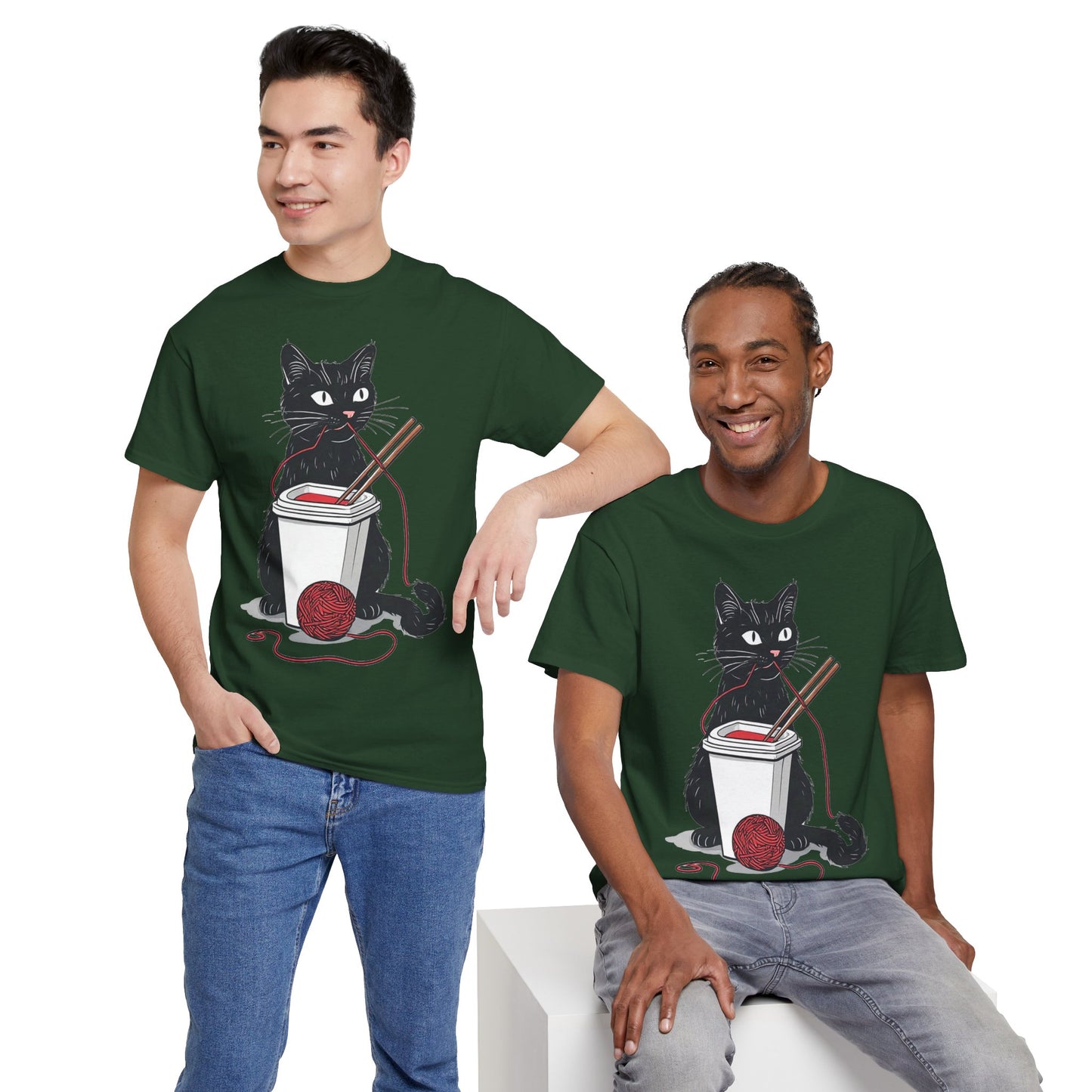 Black Cat w/Noodles + Yarn Ball Art Drawing Tee Shirt *Multiple Colors*