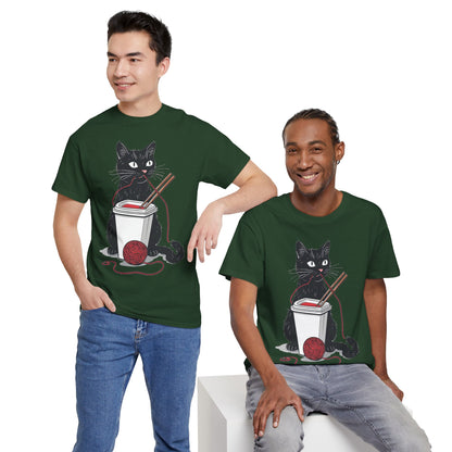 Black Cat w/Noodles + Yarn Ball Art Drawing Tee Shirt