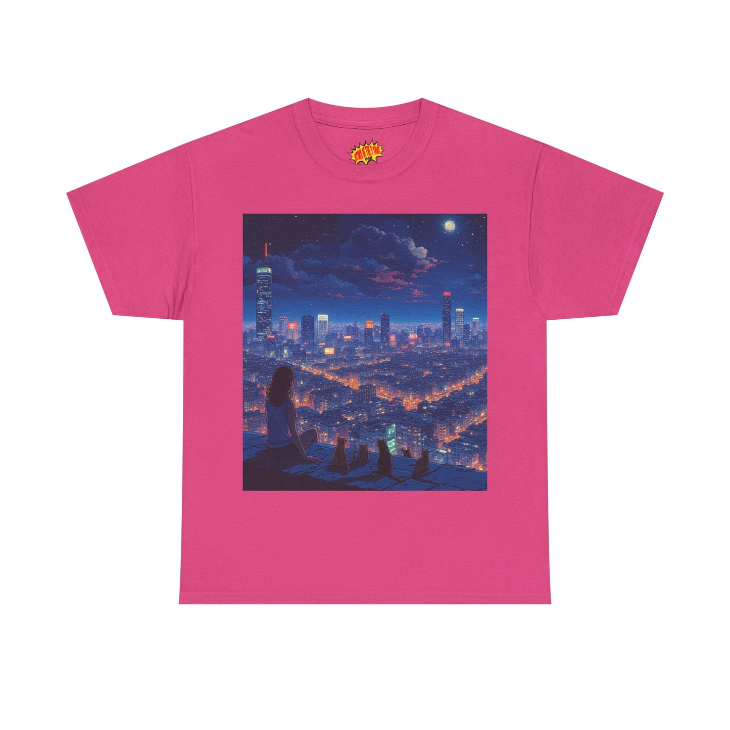 Neon Anime Cityscape Scene w/Girl & Cats T-Shirt *Multiple Colors*