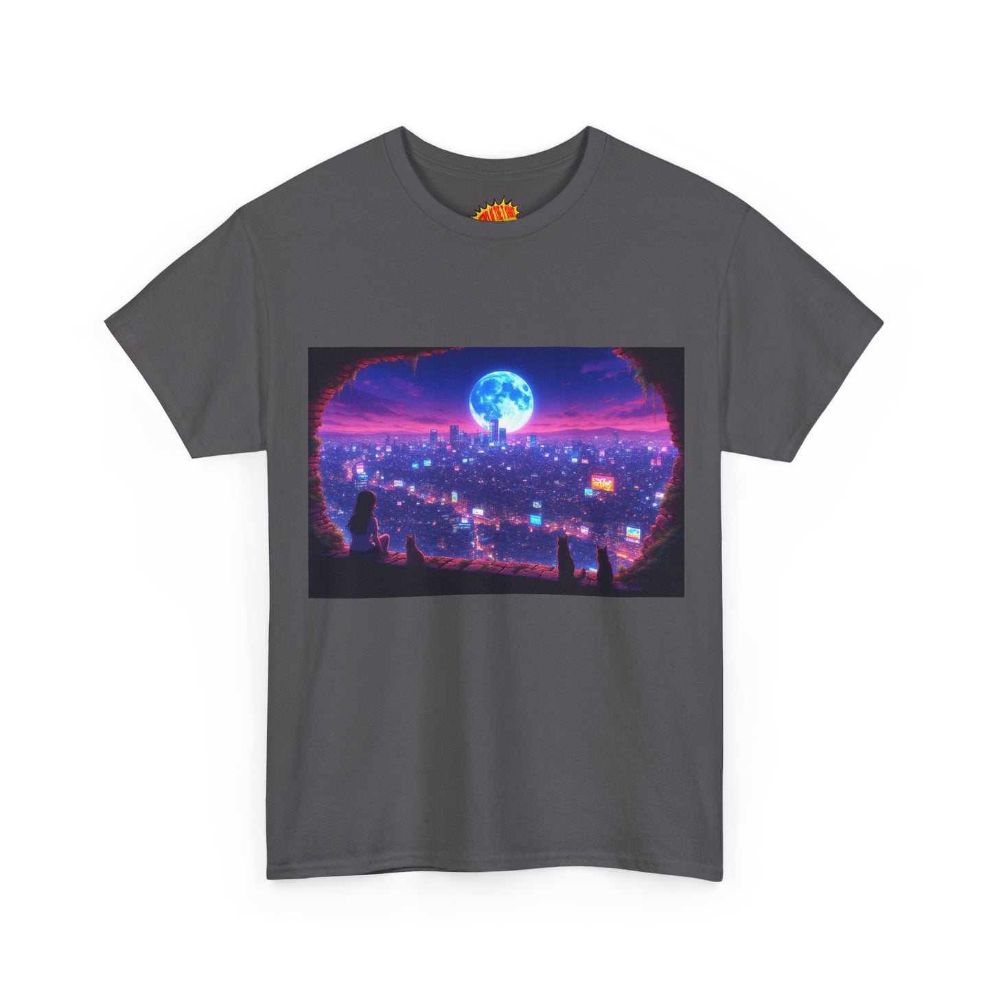 Neon Anime Cityscape Full Moon Scene w/Girl & Cats T-Shirt *Multiple Colors*