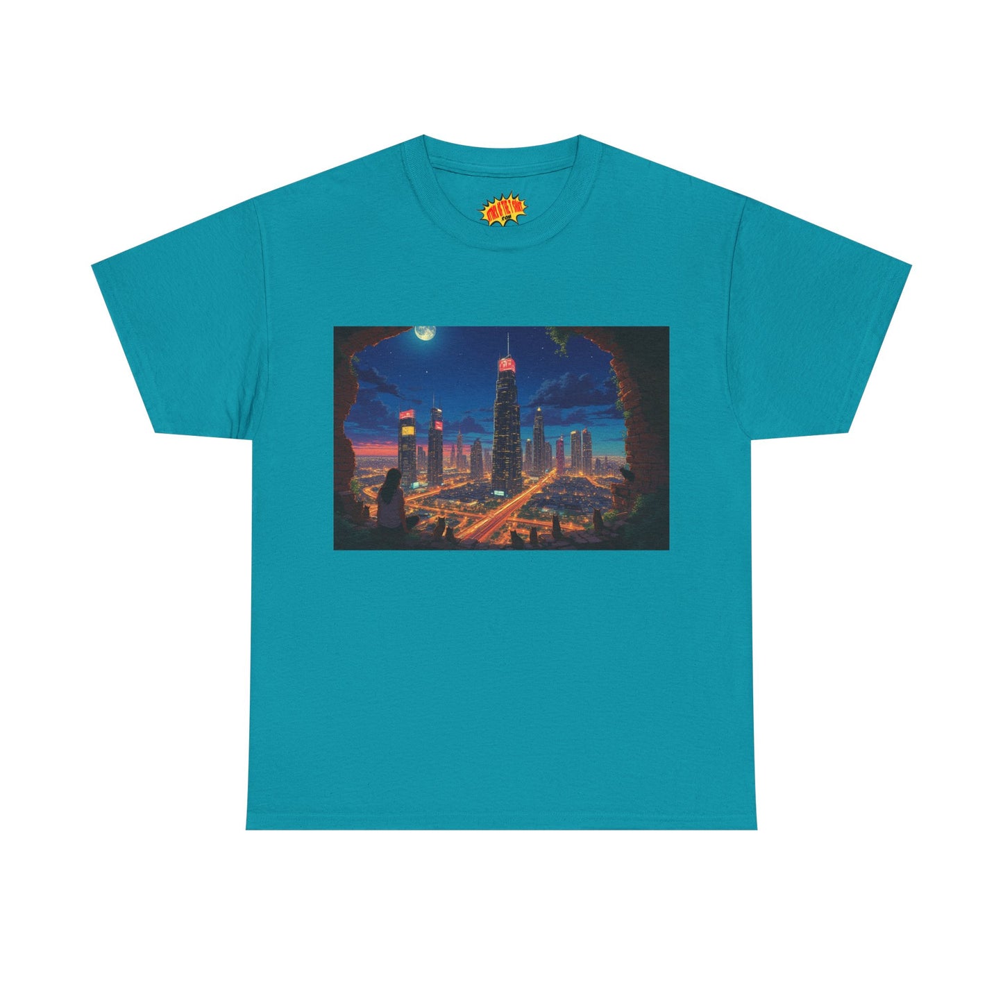 Anime Cityscape Night Scene w/Girl & Cats T-Shirt *Multiple Colors*