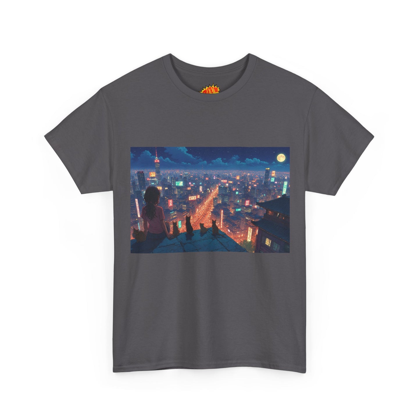 Anime Neon Cityscape Scene w/Girl & Cats T-Shirt *Multiple Colors*