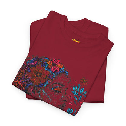 Multicolor Line Drawing Human Graphic Flower Art Tee Shirt