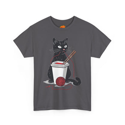 Black Cat w/Noodles + Yarn Ball Art Drawing Tee Shirt