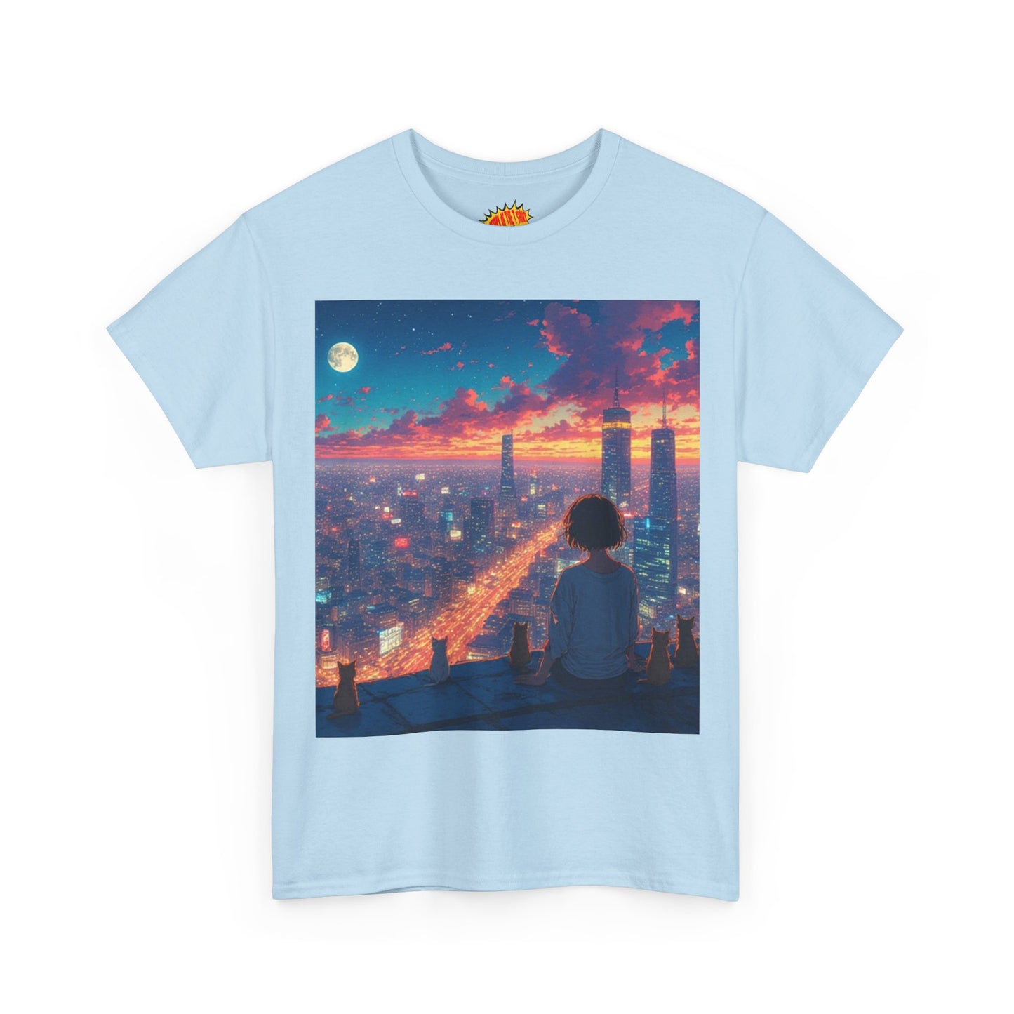 Neon City Anime Nighttime Scene w/Cats T-Shirt *Multiple Colors*
