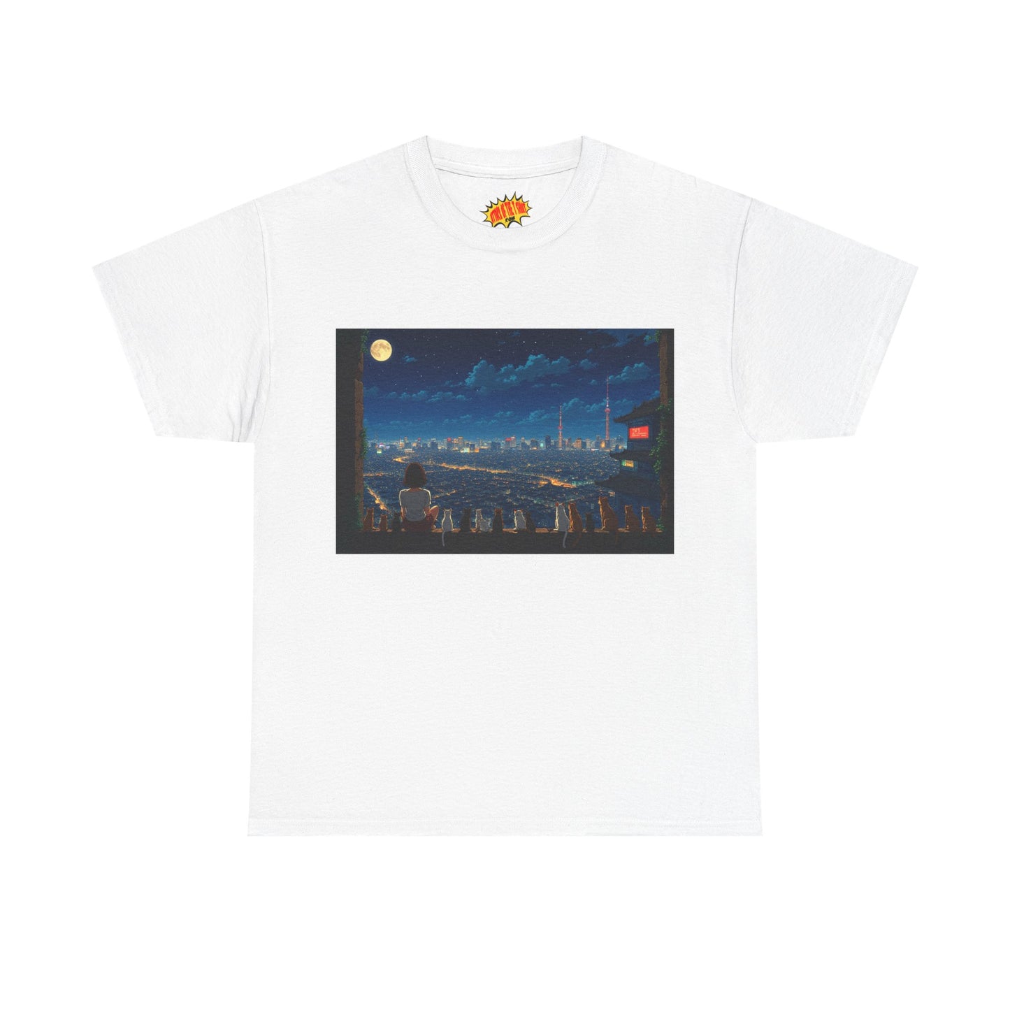 Anime City Night Sky Scene w/Girl & Cats T-Shirt *Multiple Colors*
