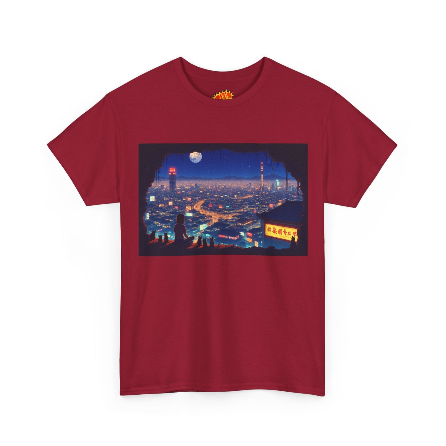 Anime Neon Cityscape Scene w/Girl & Cats T-Shirt *Multiple Colors*