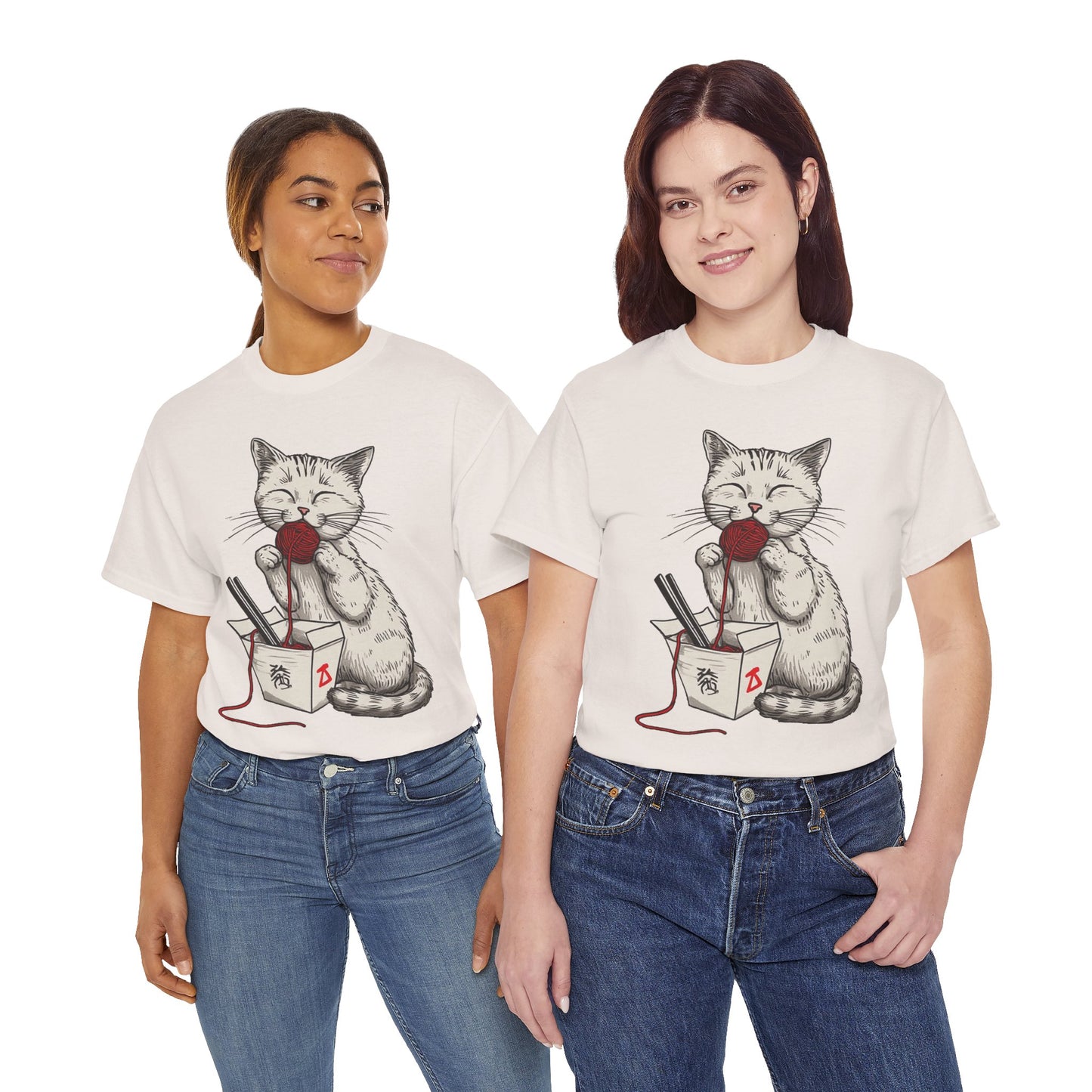 Cat w/Takeout Yarn Noodles Art Tee Shirt *Multiple Colors*