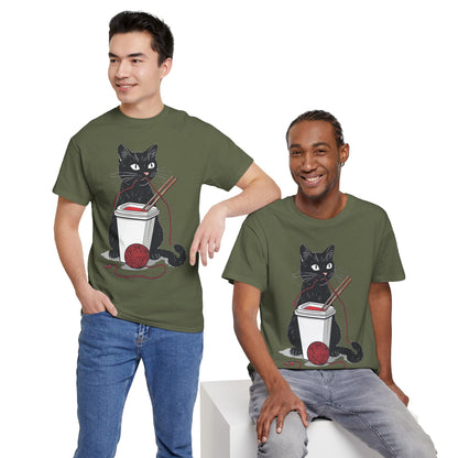 Black Cat w/Noodles + Yarn Ball Art Drawing Tee Shirt