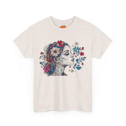 Multicolor Line Drawing Human Graphic Flower Art Tee Shirt