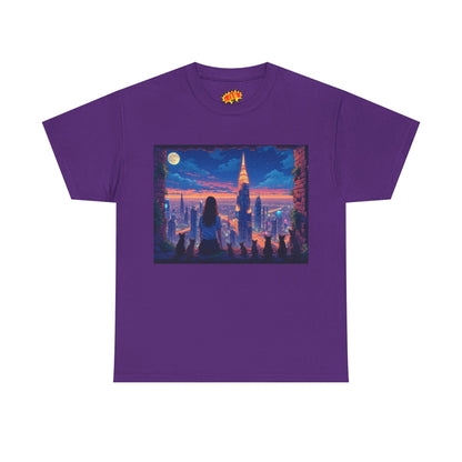 Anime Neon City Full Moon Scene w/Girl & Cats T-Shirt