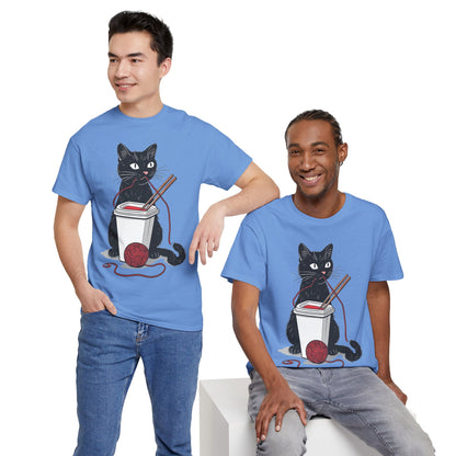 Black Cat w/Noodles + Yarn Ball Art Drawing Tee Shirt