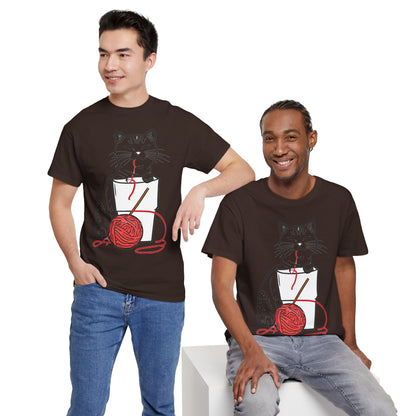 Cat w/Noodle Cup + Yarn Ball Art Drawing Tee Shirt